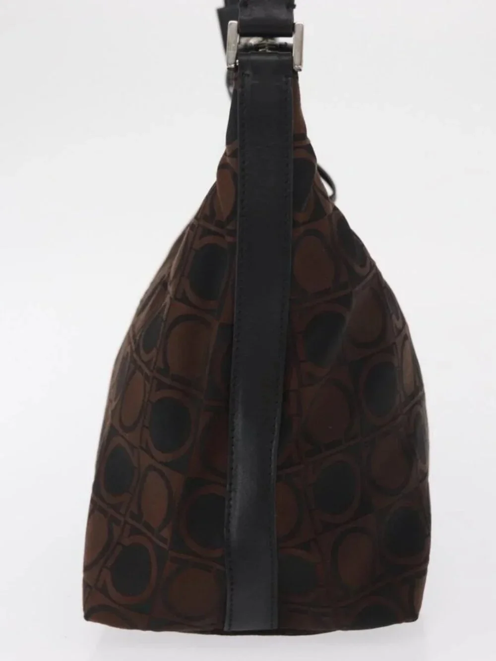 Salvatore Ferragamo Gancini Shoulder Bag Nylon Brown Silver Auth BA9517